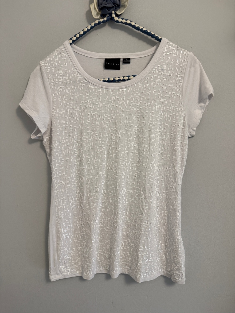 Tribal White Short-Sleeve Sequin Scoop Neck Tee